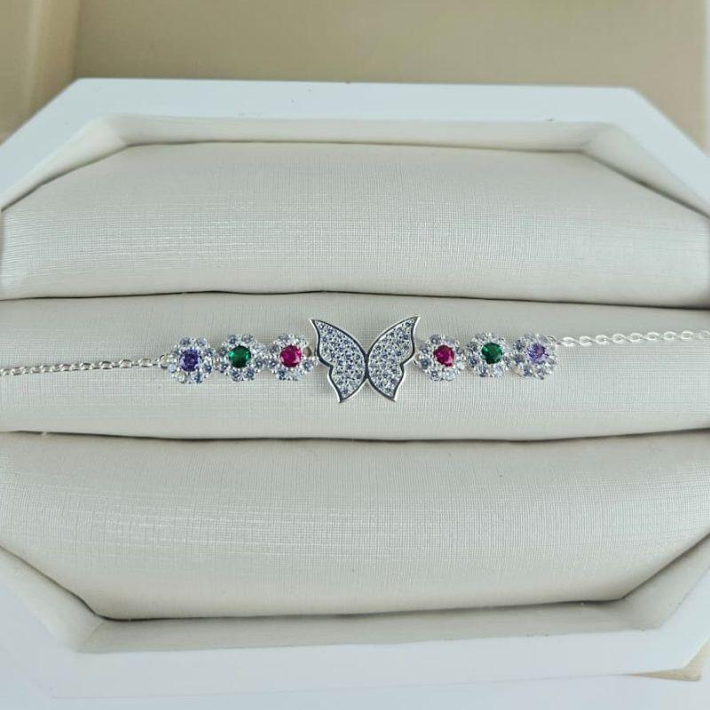 PULSEIRA PRATA BANHO DE RODIO BORBOLETA CRAVEJADO 6 PEDRAS COLORIDAS